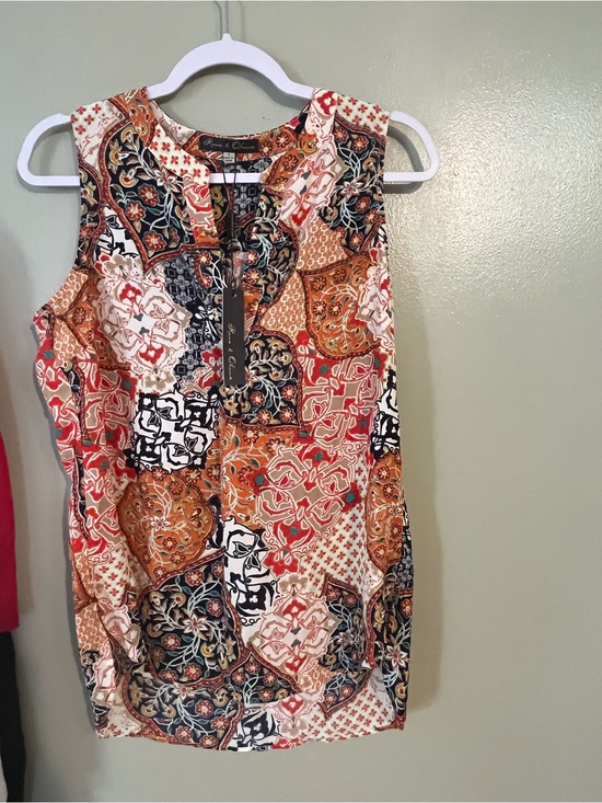 Rose & Olive Tops - Rose & Olive  Orange Multi Patchwork Print Sleeveless Top Blouse S NWT